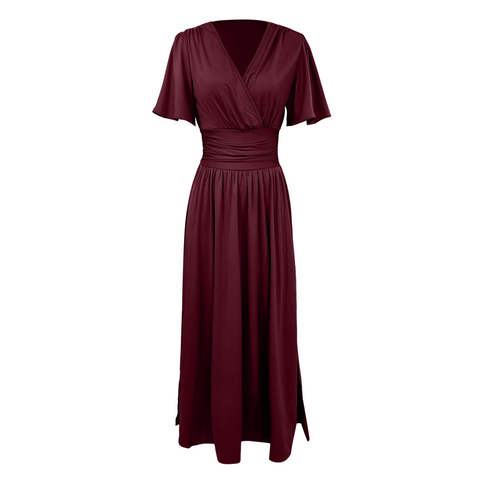 thumbnail image 5 of Vestido largo elegante de cuello en V y cintura alta para mujer: mangas plisadas, abertura lateral, fruncido, vestido de noche para bodas y fiestas., 5 of 5